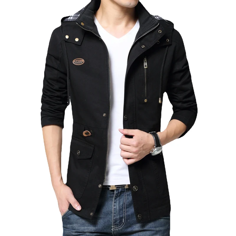 Herren leichter Baumwoll-Militärparka mit Kapuze, Kordzug-Taille und verdeckter Reißverschluss Drune