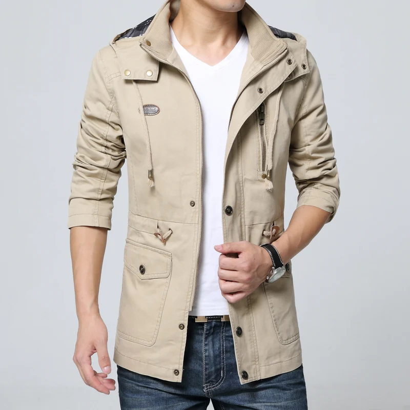 Herren leichter Baumwoll-Militärparka mit Kapuze, Kordzug-Taille und verdeckter Reißverschluss Drune