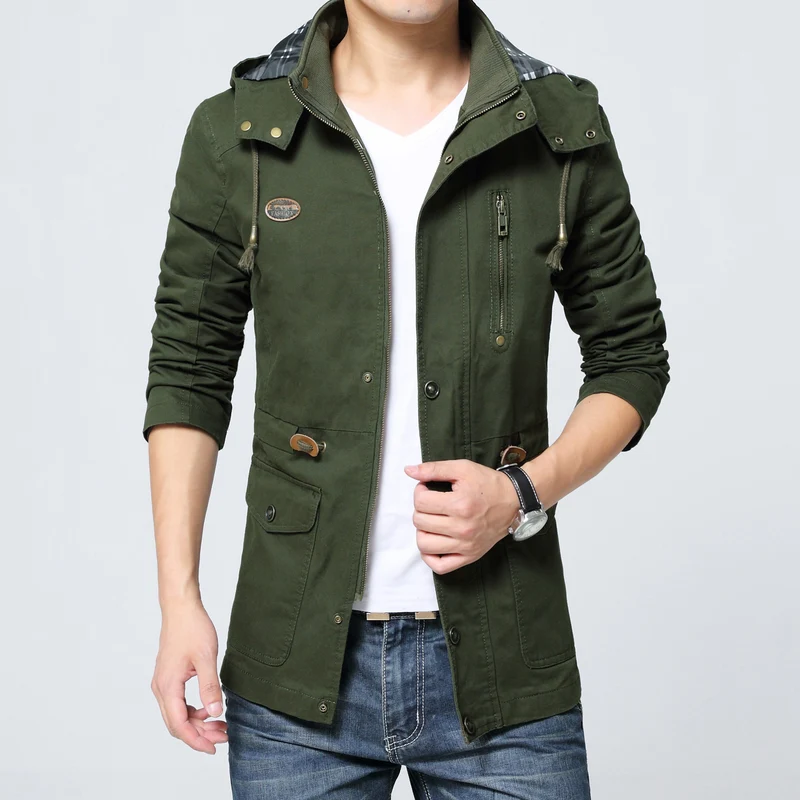 Herren leichter Baumwoll-Militärparka mit Kapuze, Kordzug-Taille und verdeckter Reißverschluss Drune