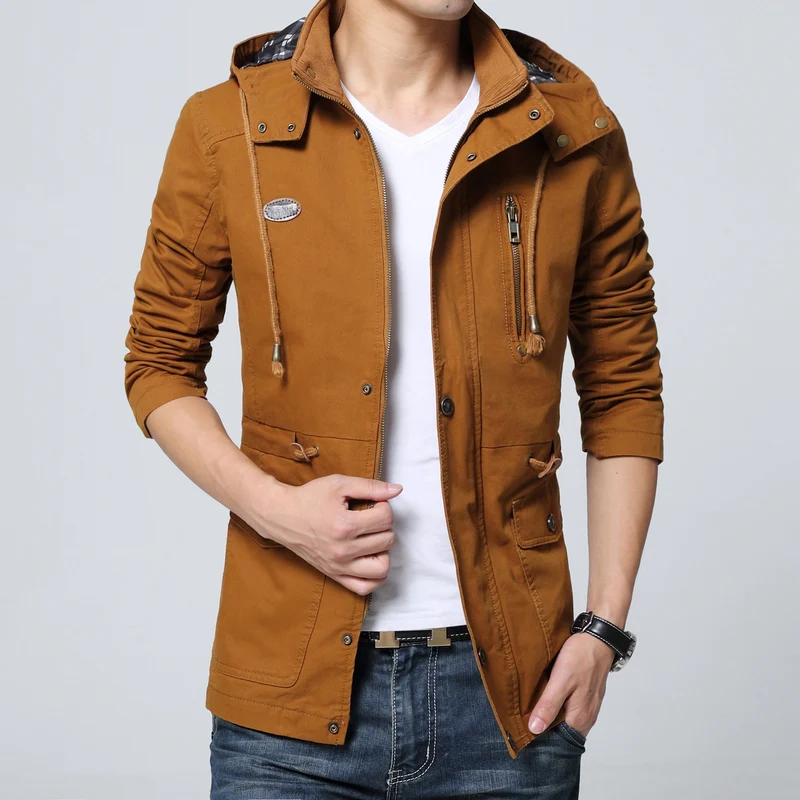 Herren leichter Baumwoll-Militärparka mit Kapuze, Kordzug-Taille und verdeckter Reißverschluss Drune