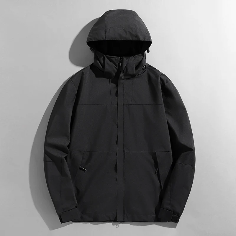 Herren leichte zweifarbige Softshell Outdoorjacke mit Kapuze, wind- und wasserabweisender Shell und Reißverschlusstaschen Drune