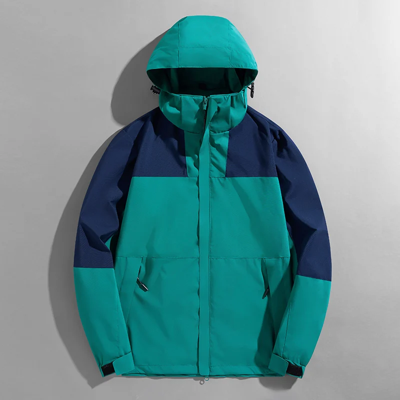 Herren leichte zweifarbige Softshell Outdoorjacke mit Kapuze, wind- und wasserabweisender Shell und Reißverschlusstaschen Drune