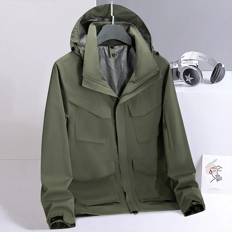 Herren leichte wasserabweisende Fieldjacke mit Kapuze und Multifachtaschen Drune