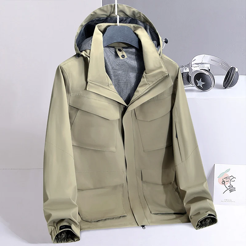 Herren leichte wasserabweisende Fieldjacke mit Kapuze und Multifachtaschen Drune