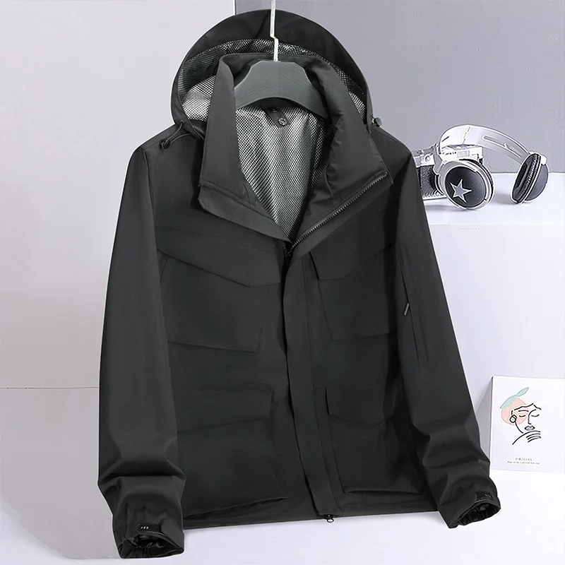 Herren leichte wasserabweisende Fieldjacke mit Kapuze und Multifachtaschen Drune