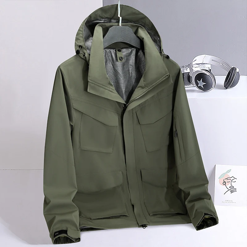 Herren leichte wasserabweisende Fieldjacke mit Kapuze und Multifachtaschen Drune