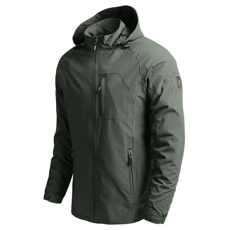 Herren leichte technische Kapuzen-Fieldjacke mit Brustreißverschluss und Multifunktions‑Taschen Drune