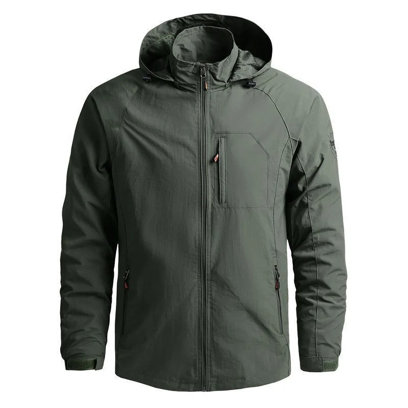 Herren leichte technische Kapuzen-Fieldjacke mit Brustreißverschluss und Multifunktions‑Taschen Drune