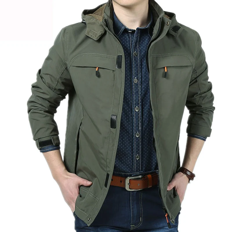 Herren leichte technische Fieldjacke mit Kapuze, Multifunktions-Taschen und windabweisender Shell Drune