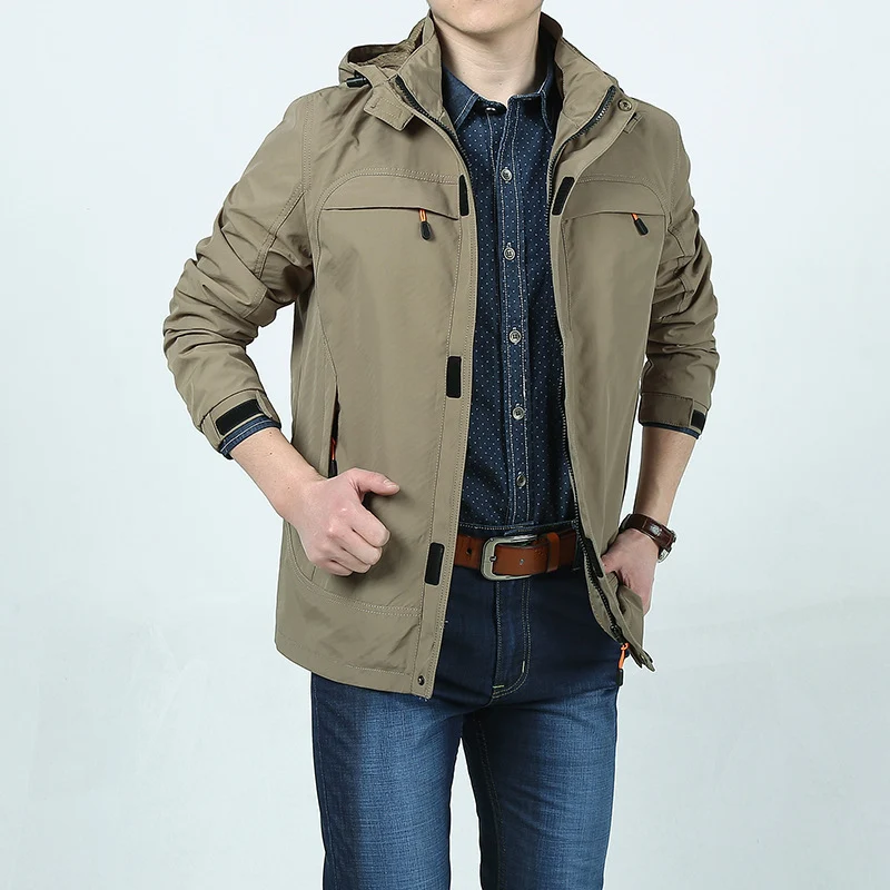 Herren leichte technische Fieldjacke mit Kapuze, Multifunktions-Taschen und windabweisender Shell Drune