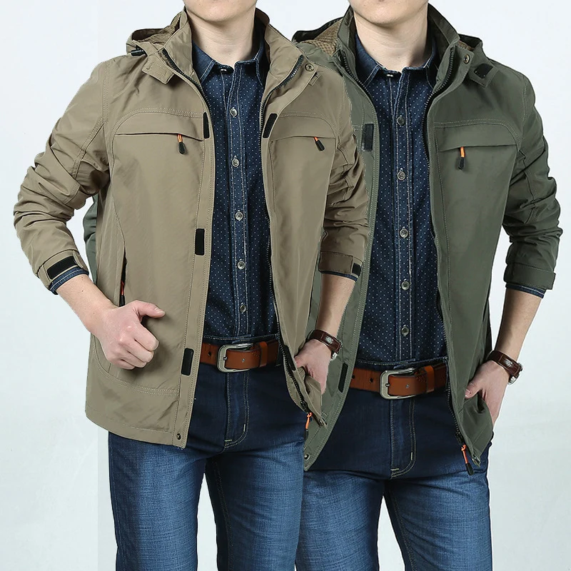Herren leichte technische Fieldjacke mit Kapuze, Multifunktions-Taschen und windabweisender Shell Drune