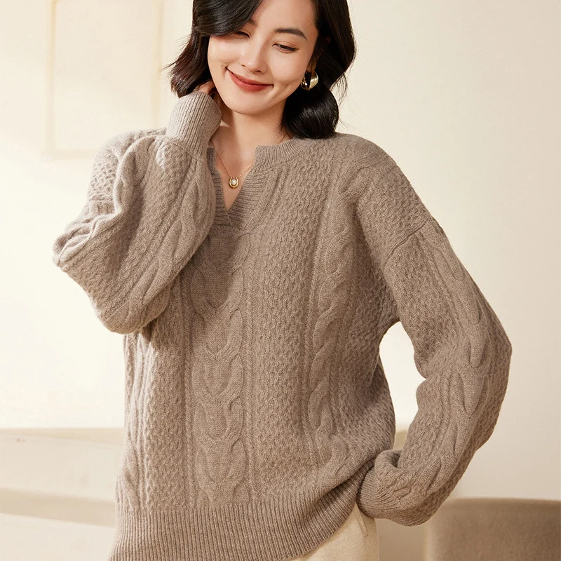 Damen Oversize Zopfstrick-Pullover mit V‑Einsatz und kaschmirähnlicher Weichheit Drune