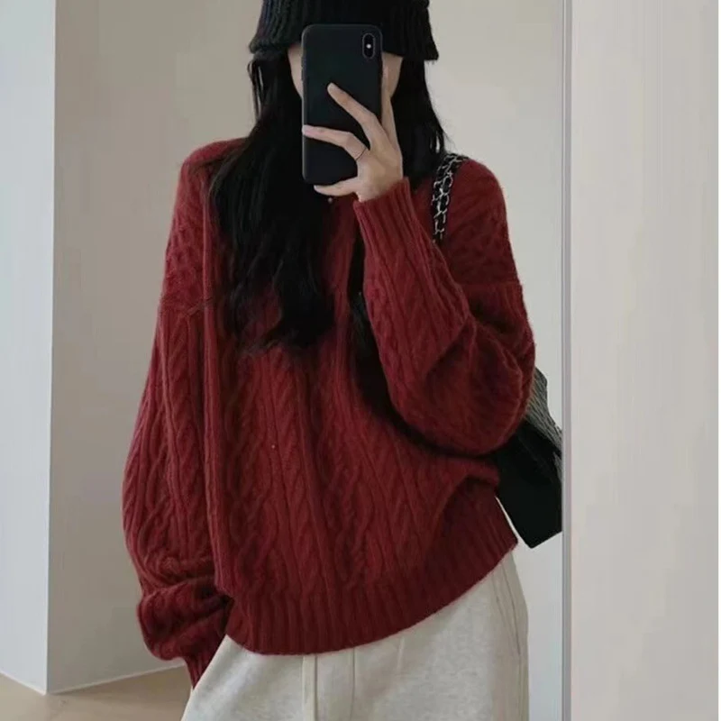 Damen Oversize Zopfmuster‑Pullover mit Rundhalsausschnitt und lässiger Schulterpartie Drune