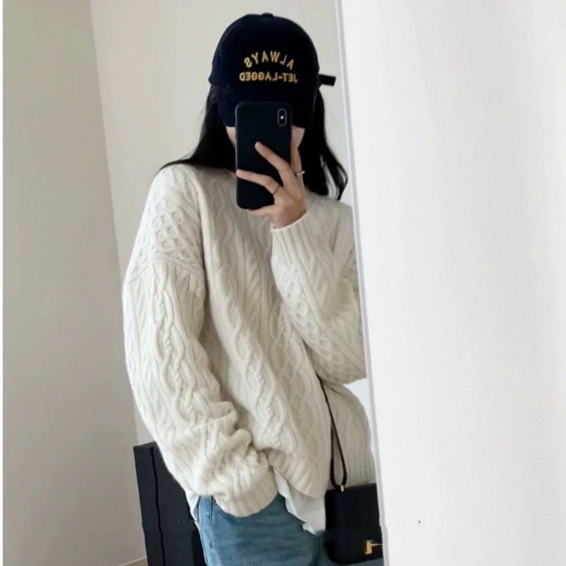 Damen Oversize Zopfmuster‑Pullover mit Rundhalsausschnitt und lässiger Schulterpartie Drune