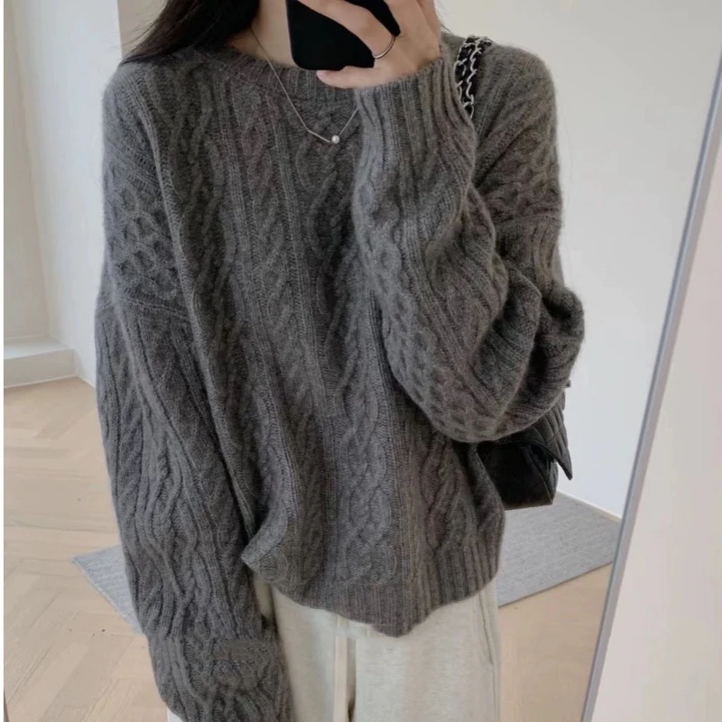 Damen Oversize Zopfmuster‑Pullover mit Rundhalsausschnitt und lässiger Schulterpartie Drune