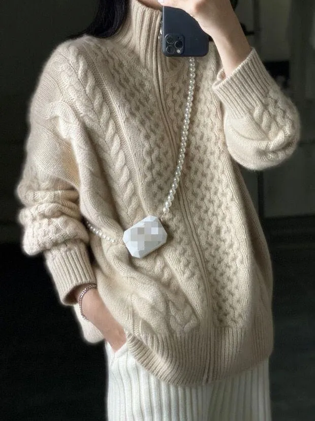 Damen Oversize Zopfmuster-Mockneckpullover aus kuscheligem Mohair‑Look Drune