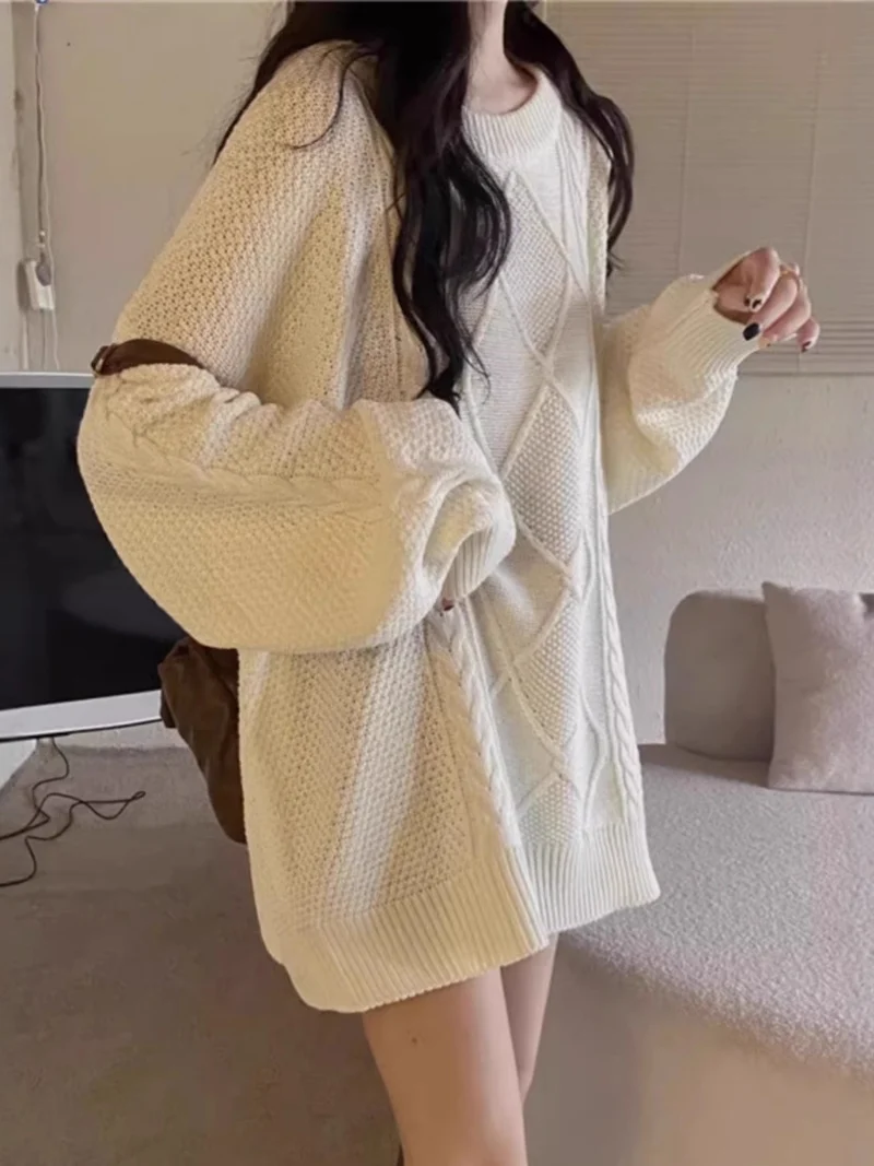 Damen Oversize Zopfmuster-Longpullover mit Rundhals und Ballonärmeln Drune