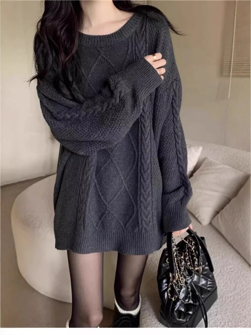 Damen Oversize Zopfmuster-Longpullover mit Rundhals und Ballonärmeln Drune