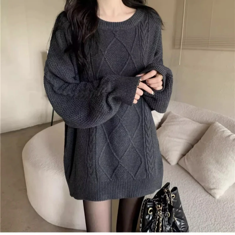 Damen Oversize Zopfmuster-Longpullover mit Rundhals und Ballonärmeln Drune