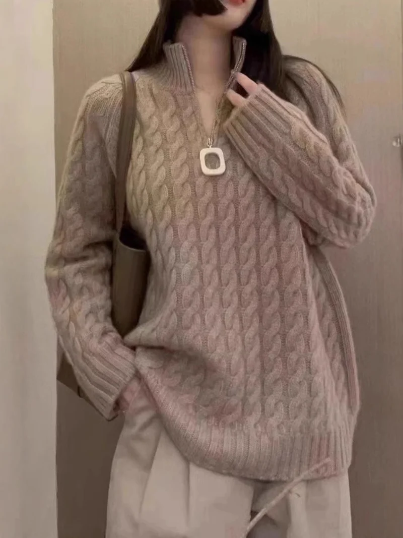Damen Oversize Zopfmuster-Feinstrickpullover mit halbem Zipper und Stehkragen Drune