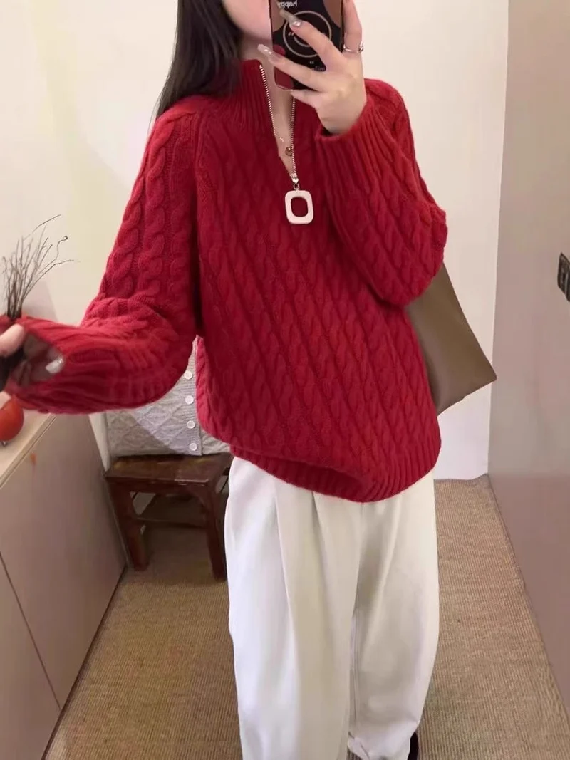 Damen Oversize Zopfmuster-Feinstrickpullover mit halbem Zipper und Stehkragen Drune
