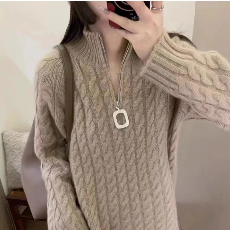 Damen Oversize Zopfmuster-Feinstrickpullover mit halbem Zipper und Stehkragen Drune