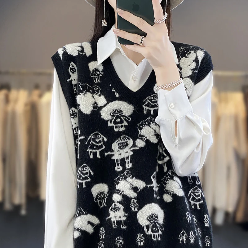 Damen Oversize-Strickweste mit V‑Ausschnitt und verspieltem Jacquard‑Motiv Drune