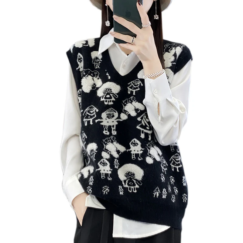 Damen Oversize-Strickweste mit V‑Ausschnitt und verspieltem Jacquard‑Motiv Drune