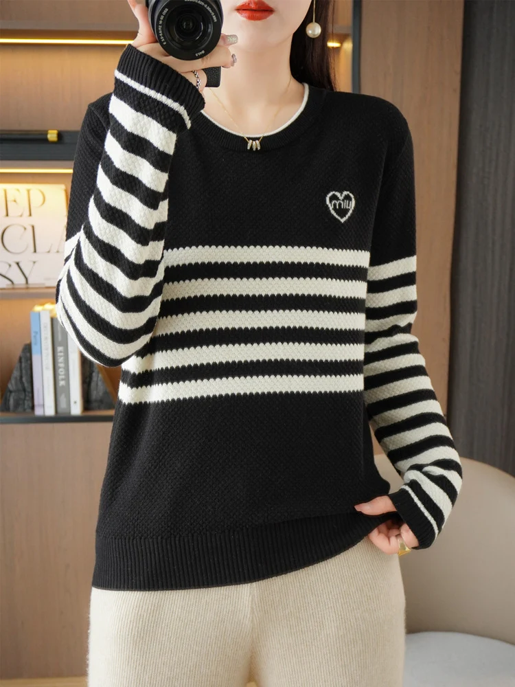 Damen Oversize-Strickpullover mit Wabenstruktur, kontrastierenden Streifen und dezentem Herzlogo Drune