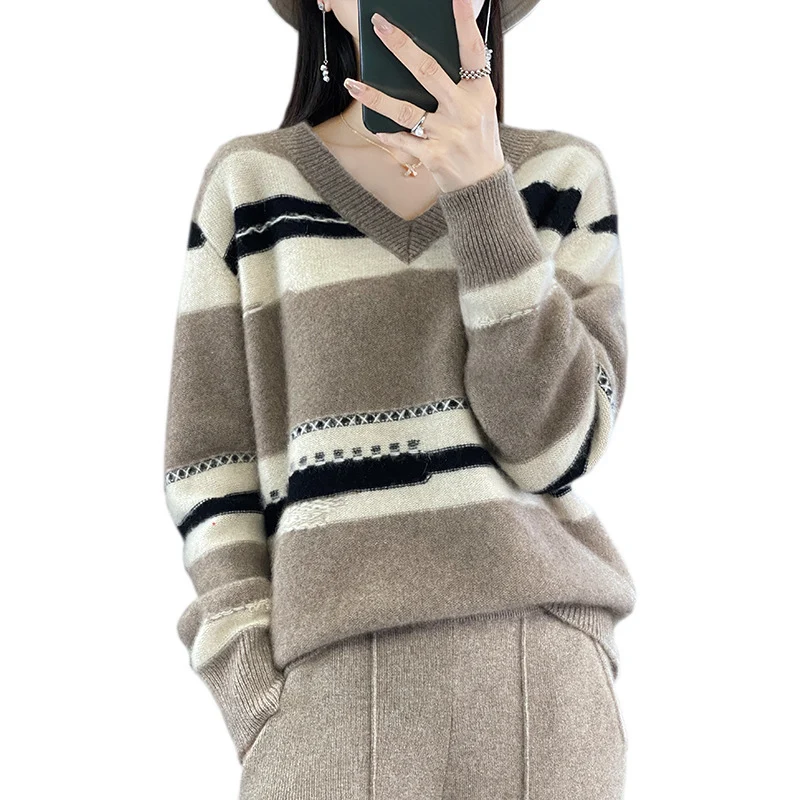 Damen Oversize-Strickpullover mit V‑Ausschnitt und grafischem Streifenmix Drune