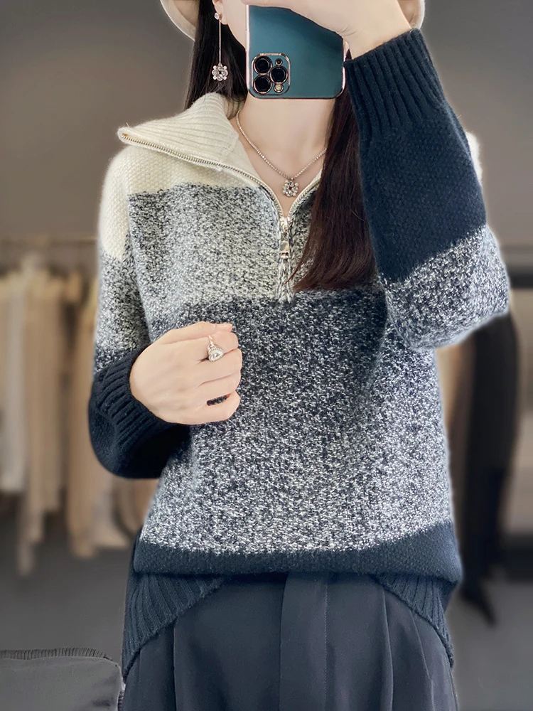 Damen Oversize-Strickpullover mit halbem Zip, meliertem Blockstreifen und weichem Flor Drune
