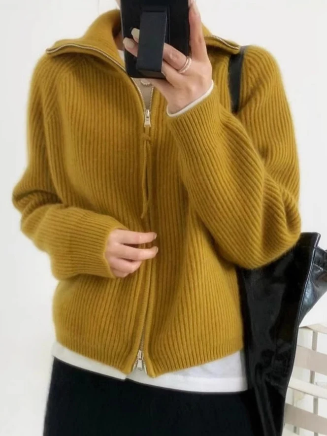Damen Oversize-Strickjacke mit Reißverschluss, Stehkragen und gerippter Struktur Drune