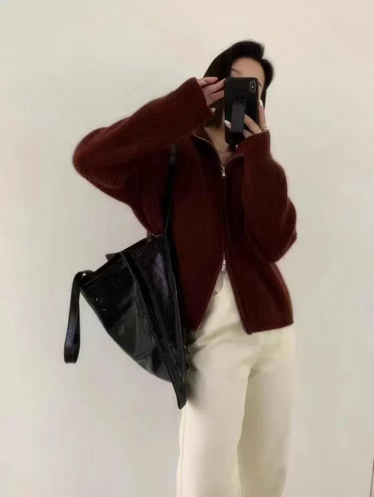 Damen Oversize-Strickjacke mit Reißverschluss, Stehkragen und gerippter Struktur Drune