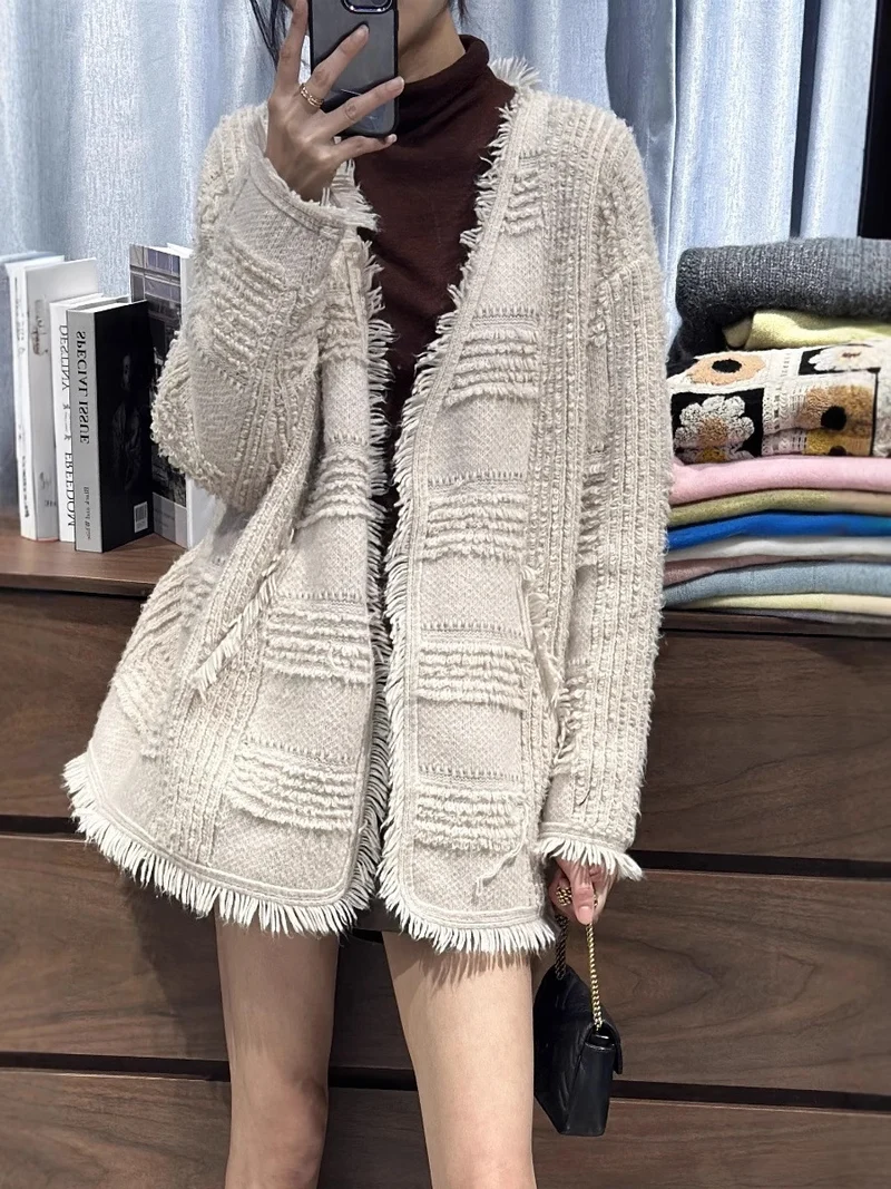 Damen Oversize Strickcardigan mit strukturierter Karomuster‑Optik, Fransen und Eingrifftaschen Drune