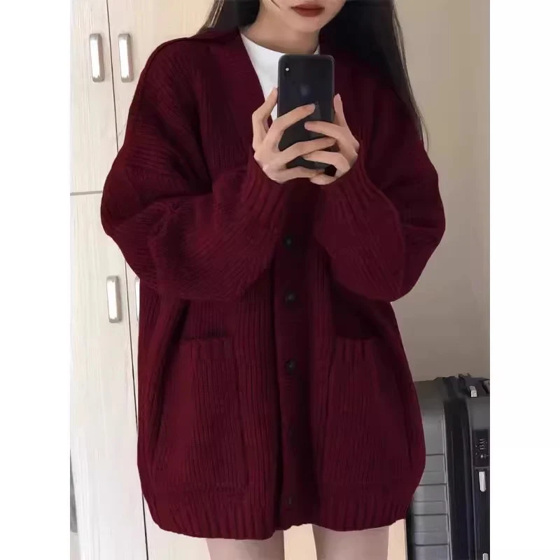 Damen Oversize Strickcardigan mit aufgesetzten Taschen und durchgehender Knopfleiste Drune