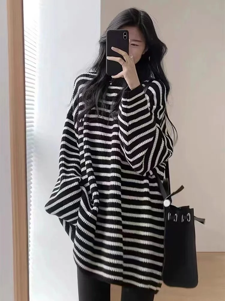 Damen Oversize Strick-Longpullover mit horizontaler Streifenstruktur Drune