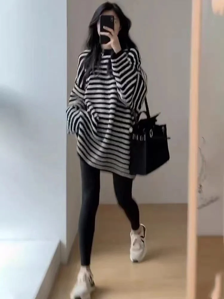 Damen Oversize Strick-Longpullover mit horizontaler Streifenstruktur Drune