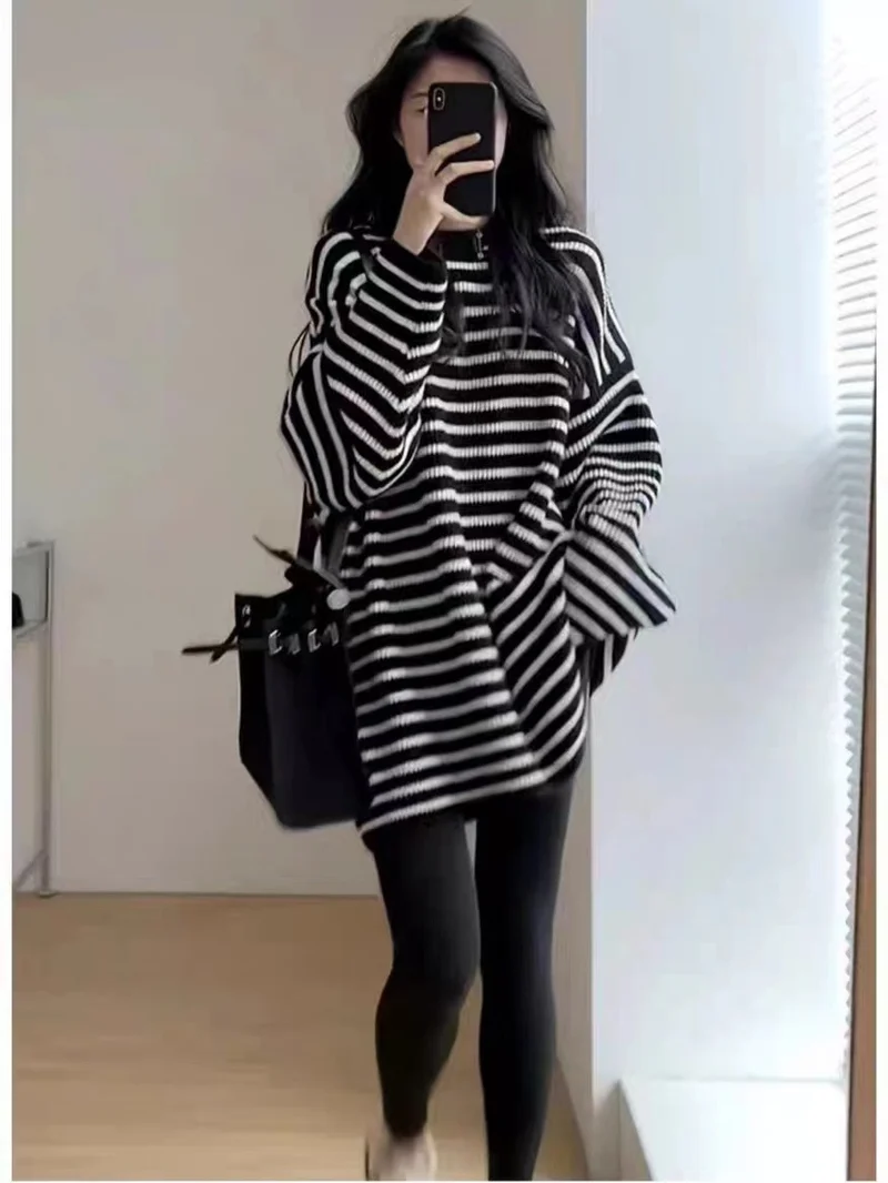Damen Oversize Strick-Longpullover mit horizontaler Streifenstruktur Drune