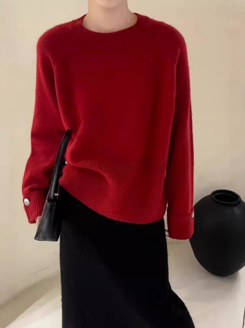 Damen Oversize-Rundhalspullover mit verlängerten Manschetten und Zierknopf Drune