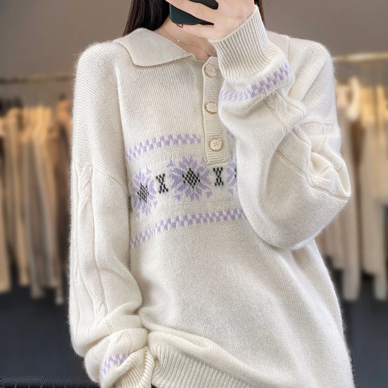 Damen Oversize-Polokragen-Strickpullover mit Norweger‑Motiv und Raglanärmeln Drune