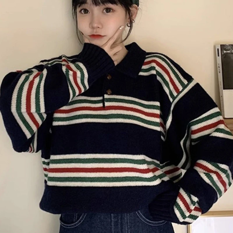 Damen Oversize Polokragen-Strickpullover mit maritimen Blockstreifen und kastiger Cropped-Silhouette Drune