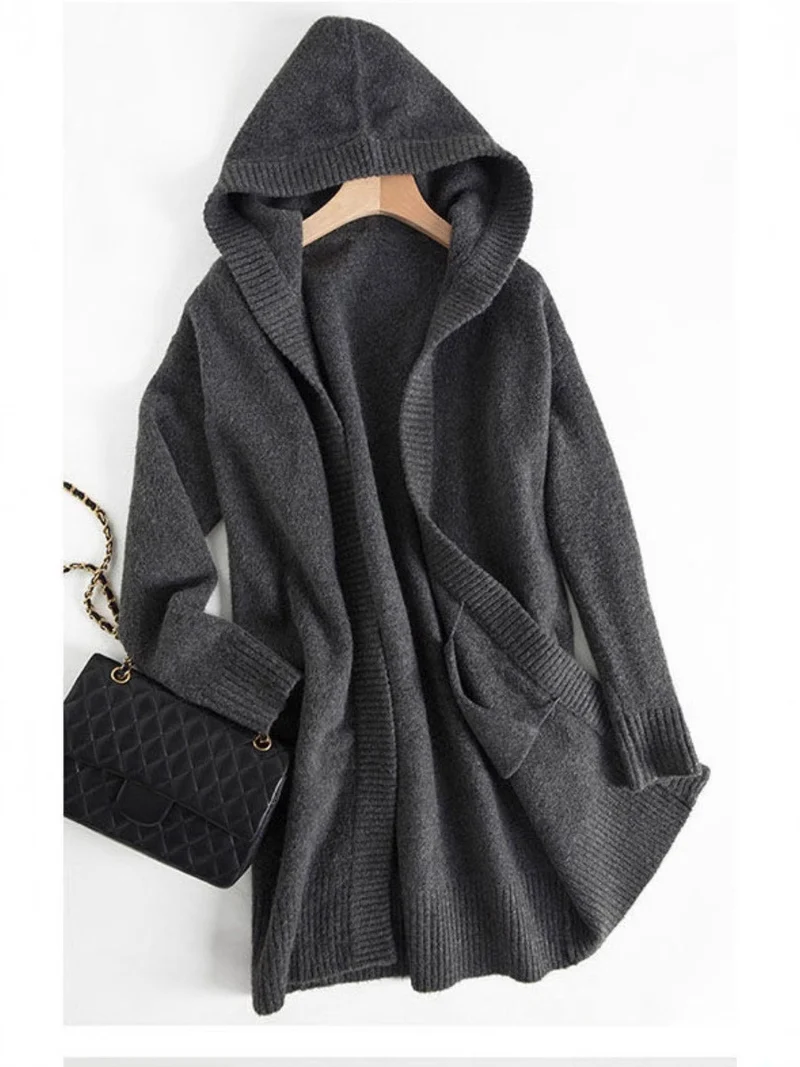 Damen Oversize Kapuzencardigan im Kaschmir‑Look mit offenem Fall und breiter Rippe Drune