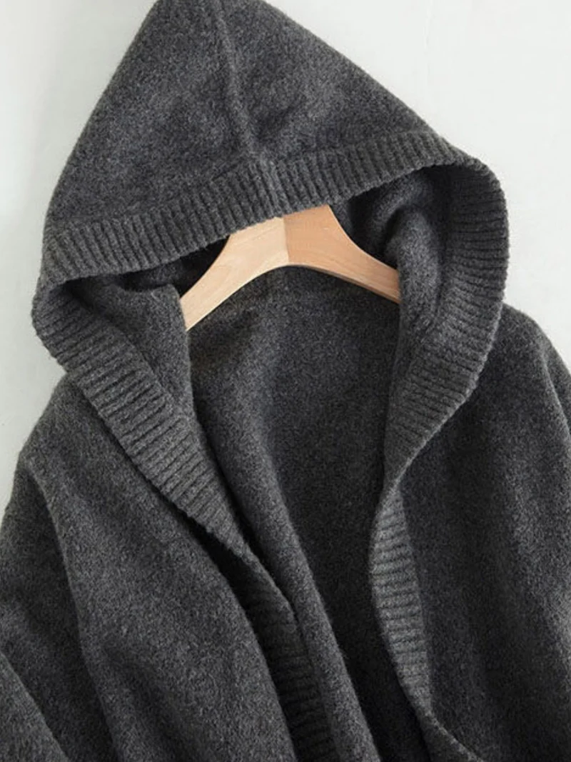 Damen Oversize Kapuzencardigan im Kaschmir‑Look mit offenem Fall und breiter Rippe Drune