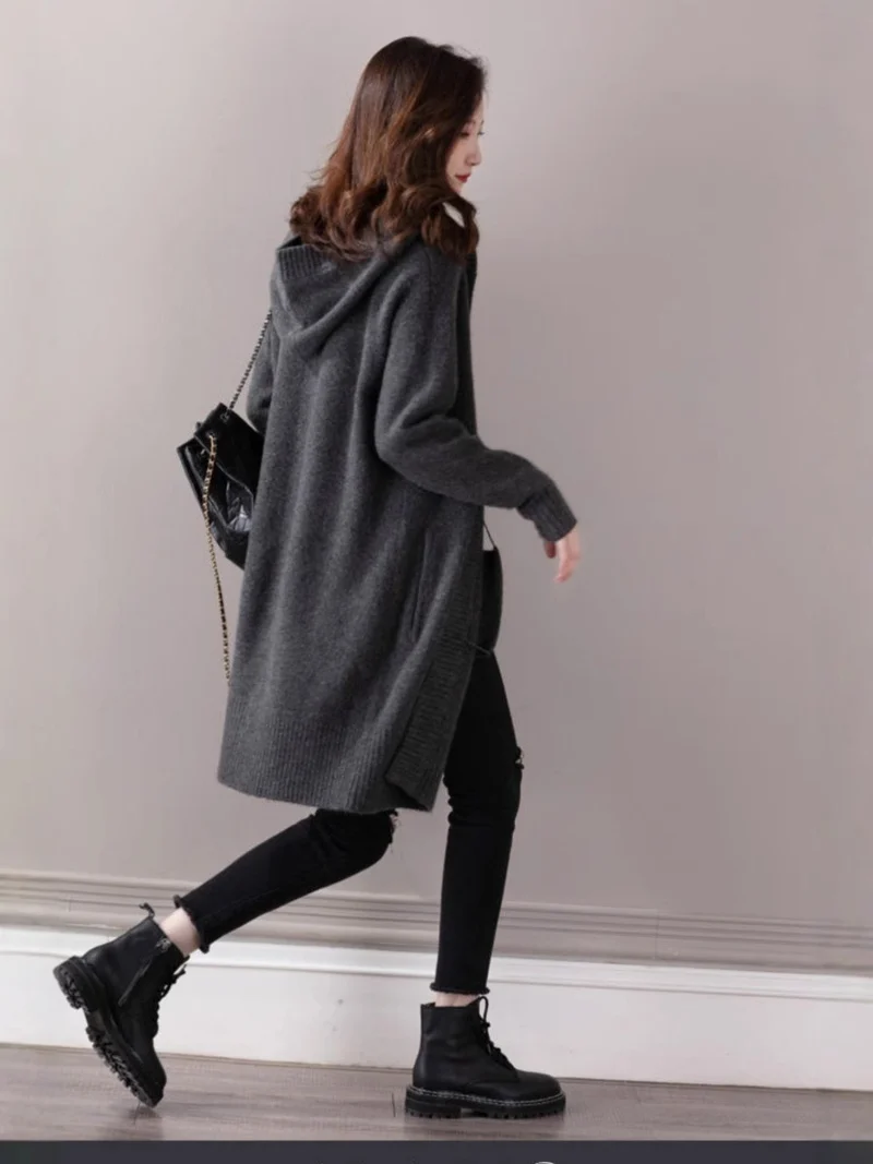 Damen Oversize Kapuzencardigan im Kaschmir‑Look mit offenem Fall und breiter Rippe Drune