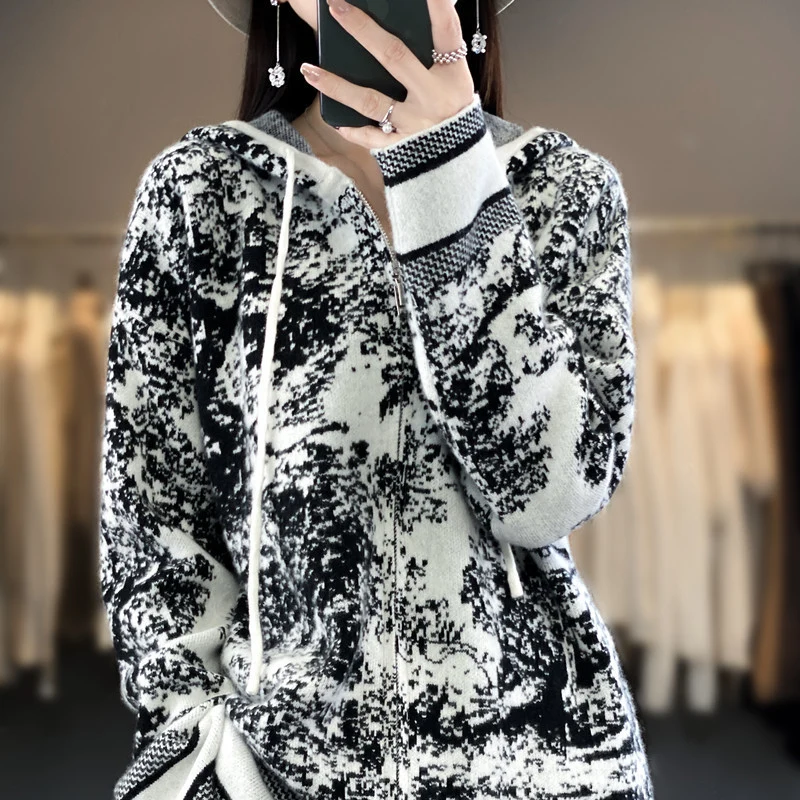 Damen Oversize Jacquard-Strickjacke mit Kapuze und Reißverschluss Drune
