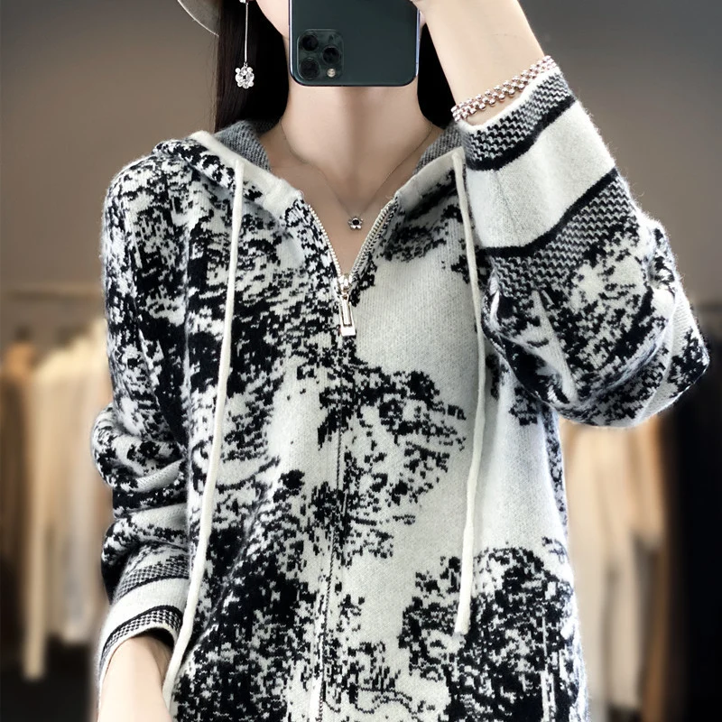 Damen Oversize Jacquard-Strickjacke mit Kapuze und Reißverschluss Drune