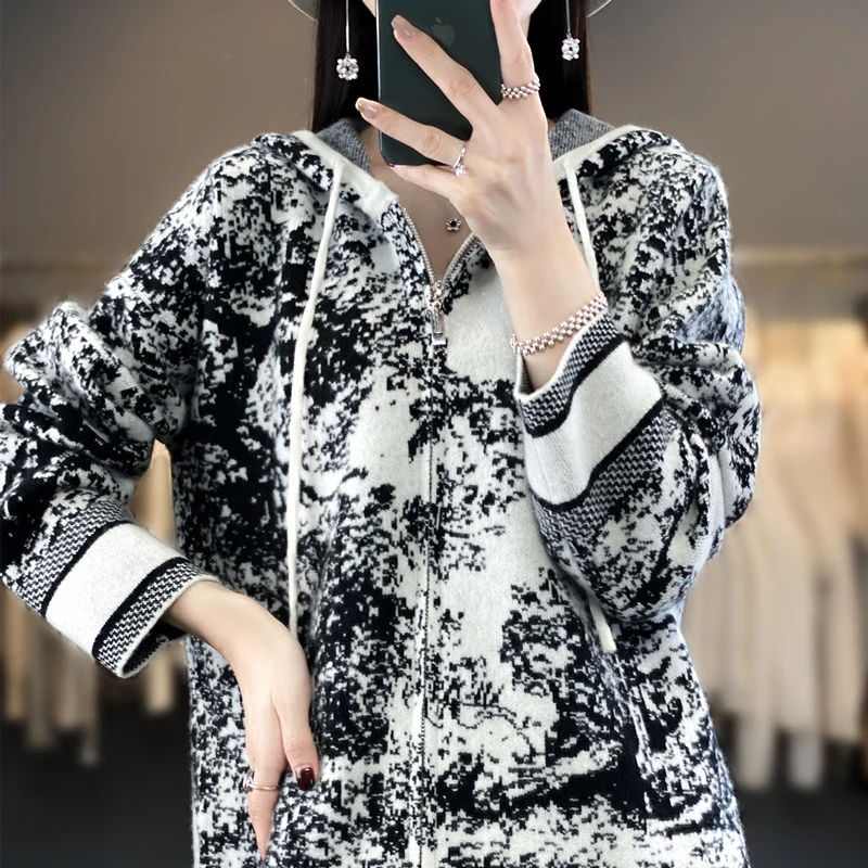 Damen Oversize Jacquard-Strickjacke mit Kapuze und Reißverschluss Drune