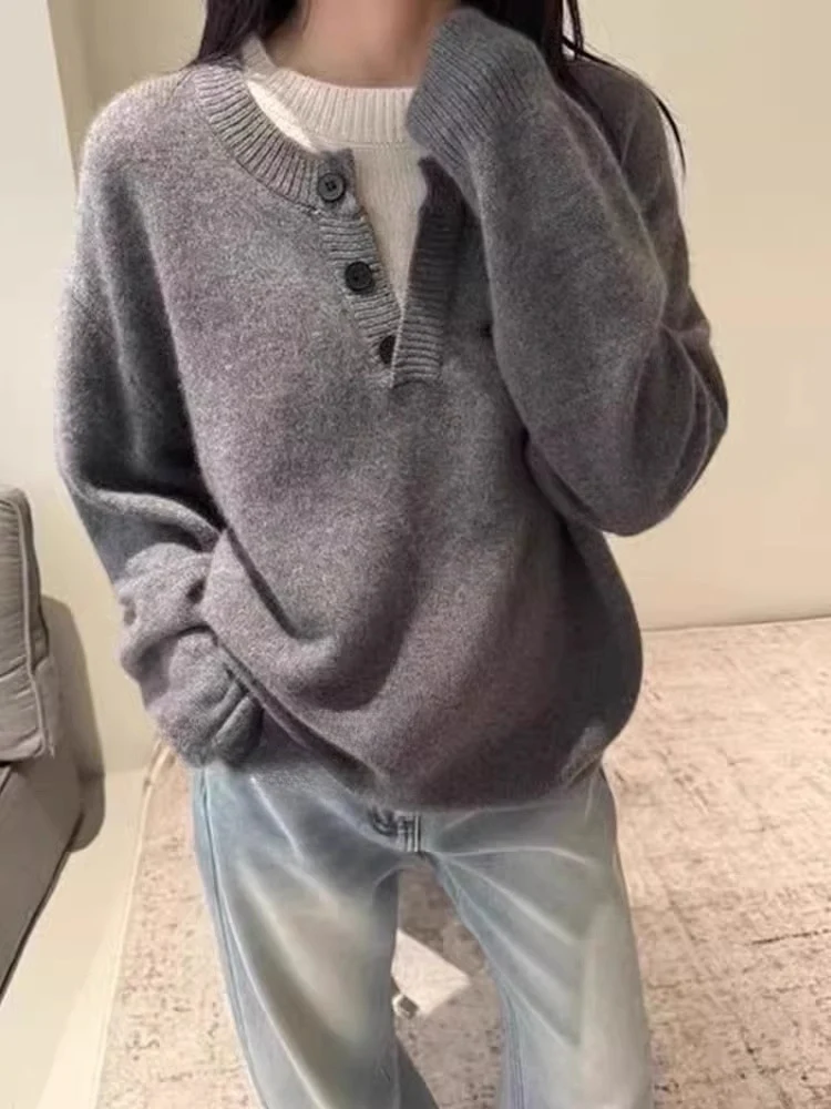 Damen Oversize-Henley-Pullover aus flauschigem Mohair‑Look mit Knopfleiste Drune