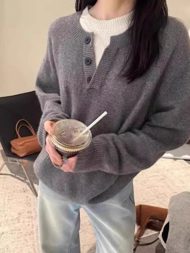 Damen Oversize-Henley-Pullover aus flauschigem Mohair‑Look mit Knopfleiste Drune