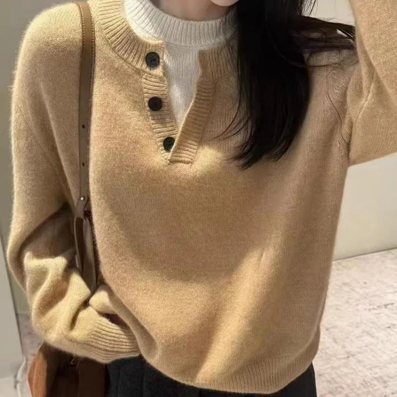 Damen Oversize-Henley-Pullover aus flauschigem Mohair‑Look mit Knopfleiste Drune